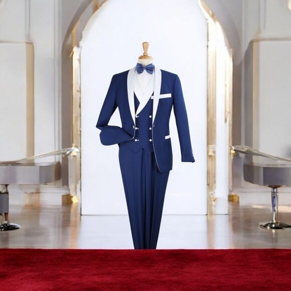 MEN'S ROYAL DIAMOND BLUE & WHITE 1 BUTTON SHAWL TUXEDO WITH WHITE ACCENTS. TU-2. - Picture 1 of 2